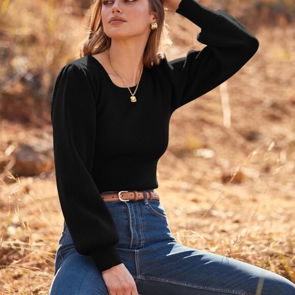 Long Puff Sleeve Sweaters for Women 2025 Fall Winter Crewneck Knit Ribbed Bodysu - Picture 4 of 5